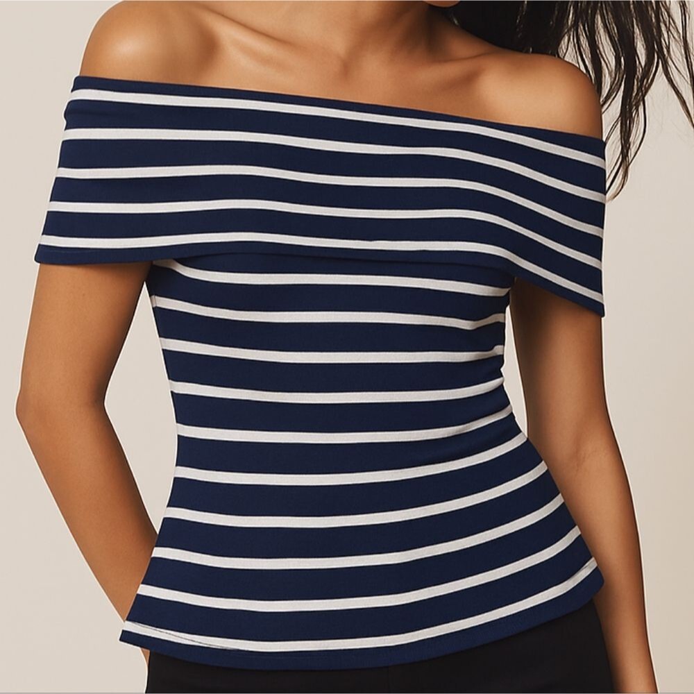 Anthropologie Navy and White Striped Off-Shoulder Top